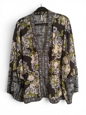 Free People Floral Kimono Jacket in Black, Green, Blue, Cream XS/S Oversized